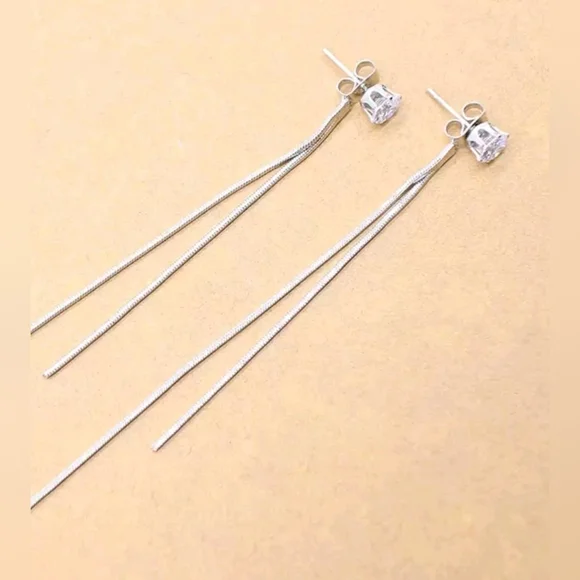 Diamond Dangle Tassle Earrings Long Double Chain - Picture 2 of 6